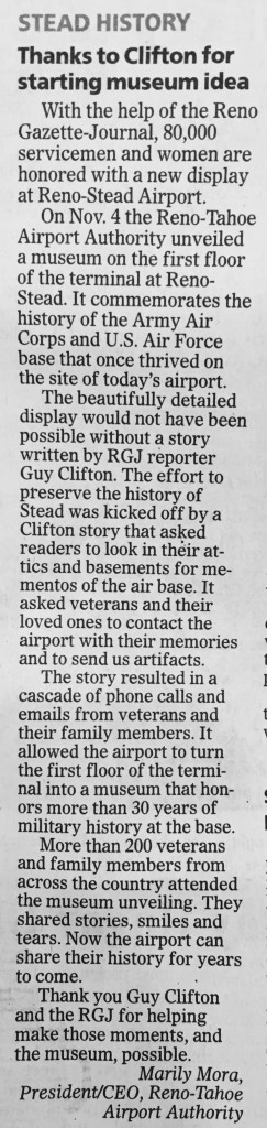 This clipping of a letter in the Reno Gazette-Journal appreciates the newspaper's help in starting a museum to commemorate the history of the Reno-Stead Airport.