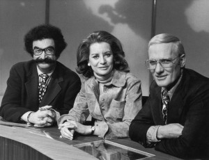 January 1973: L-R: American broadcast journalists Gene Shalit, Barbara Walters, and Frank McGee sit behind the news desk in a promotional portrait for the 'Today Show,'. (Photo by Hulton Archive/Getty Images)